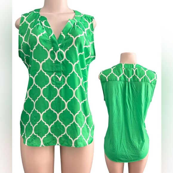 Hanna & Gracie Green and White Geometric Pattern Sleeveless Blouse Size Large - Picture 1 of 7